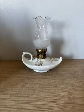 Vintage White Milk Glass Oil Lamp with Gold Floral Accents